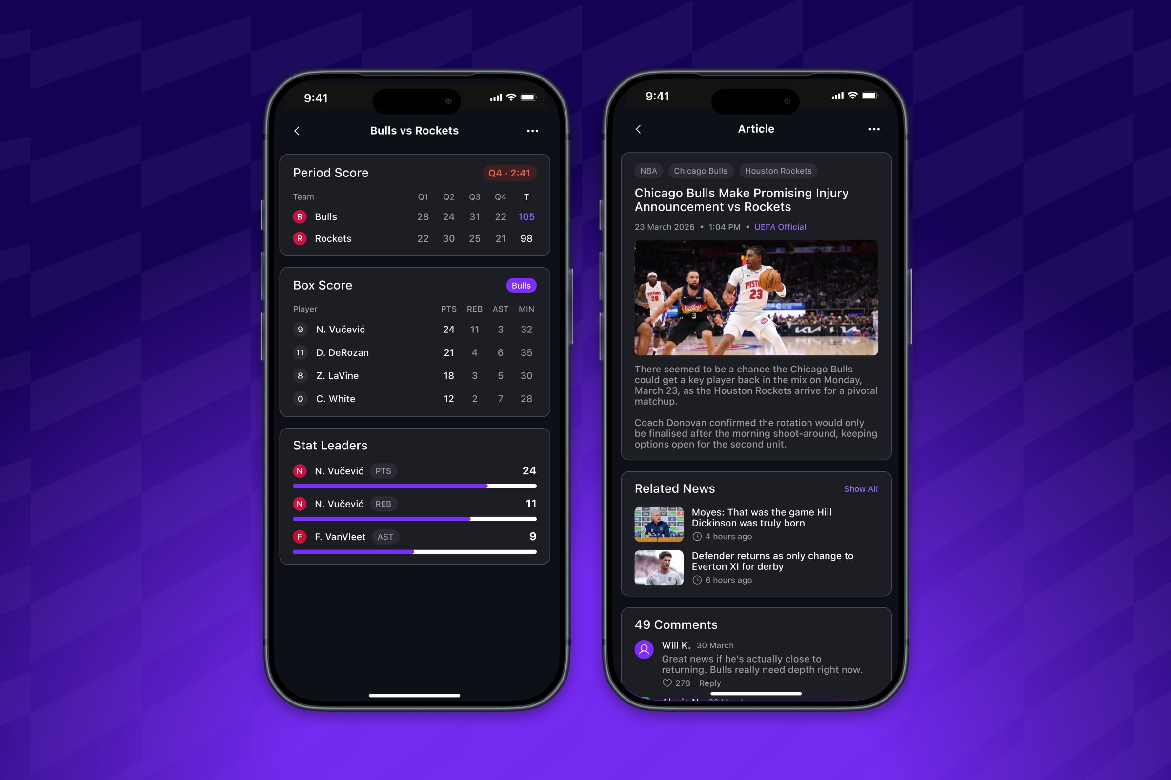 Two Arena basketball app screens showing period scores with a box score and stat leaders, and a match report article with related news and comments